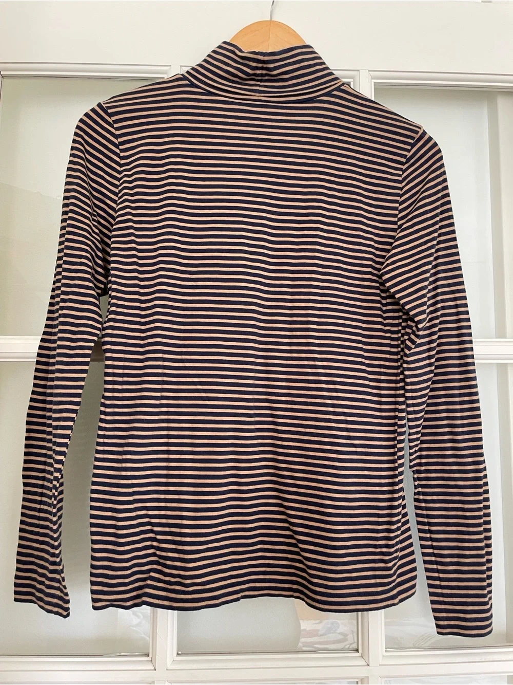 J Crew tissue turtleneck t-shirt in stripes navy blue camel 100% cotton # K4323